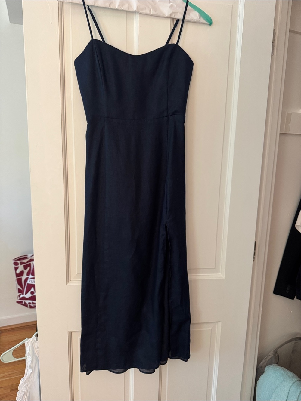 Wilfred Linen Navy Slip Midi Dress with Thin Straps and left side slit.